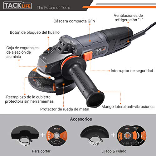 Amoladora Angular 900W, TACKLIFE Herramienta de 125 mm y 12000 RPM con Mango Anti-vibraciones, 3 Discos para Lijar/Pulir/Cortar, 2 Cubiertas Protectoras de Ruedas, 1 Bolsa Portátil, P9AG125