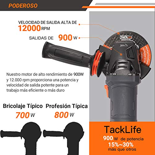 Amoladora Angular 900W, TACKLIFE Herramienta de 125 mm y 12000 RPM con Mango Anti-vibraciones, 3 Discos para Lijar/Pulir/Cortar, 2 Cubiertas Protectoras de Ruedas, 1 Bolsa Portátil, P9AG125