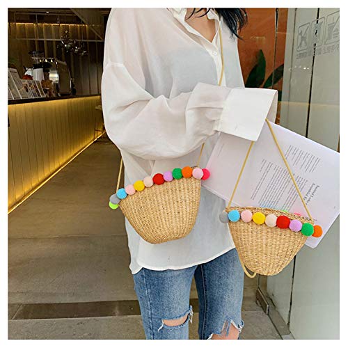 Amorar Moda Bolsa de Playa de Paja Bolsos de Tejido Bolso Hombro de Ratán de Verano con Colorido Pom Pom