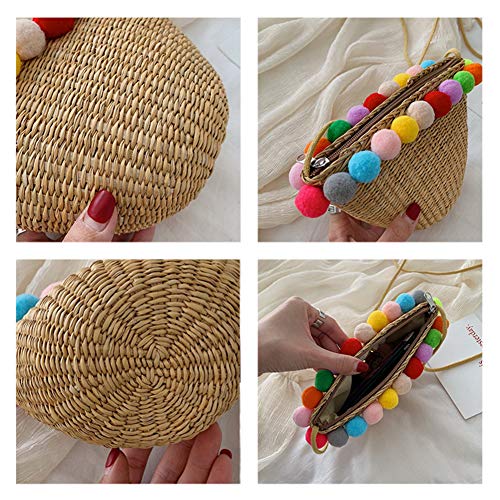 Amorar Moda Bolsa de Playa de Paja Bolsos de Tejido Bolso Hombro de Ratán de Verano con Colorido Pom Pom