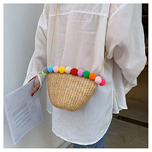 Amorar Moda Bolsa de Playa de Paja Bolsos de Tejido Bolso Hombro de Ratán de Verano con Colorido Pom Pom