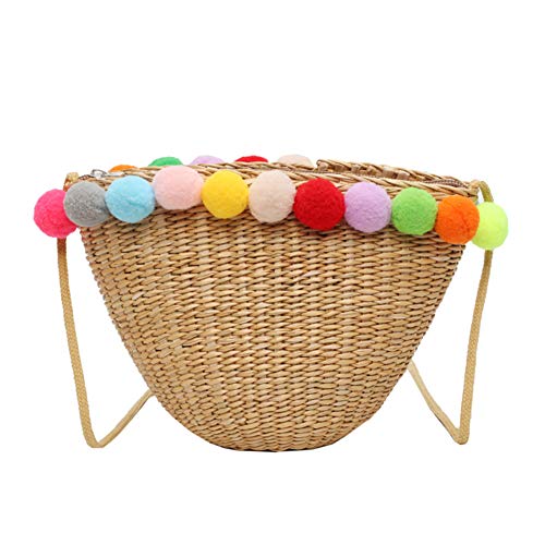 Amorar Moda Bolsa de Playa de Paja Bolsos de Tejido Bolso Hombro de Ratán de Verano con Colorido Pom Pom