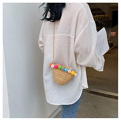 Amorar Moda Bolsa de Playa de Paja Bolsos de Tejido Bolso Hombro de Ratán de Verano con Colorido Pom Pom