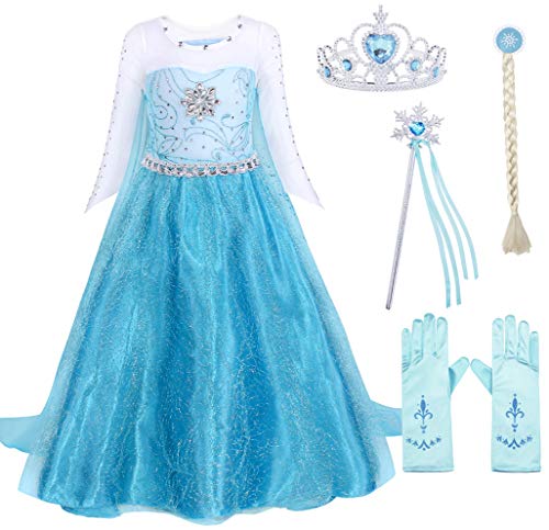 AmzBarley Disfraz Niña Princesa Manga Larga, Vestido Niña Fiesta Boda con Capa y 4pcs Accesorios Conjunto para Cosplay Halloween Navidad Carnaval Bautizo Ceremonia Cumpleaños Regalo Azul 01,4-5 Años