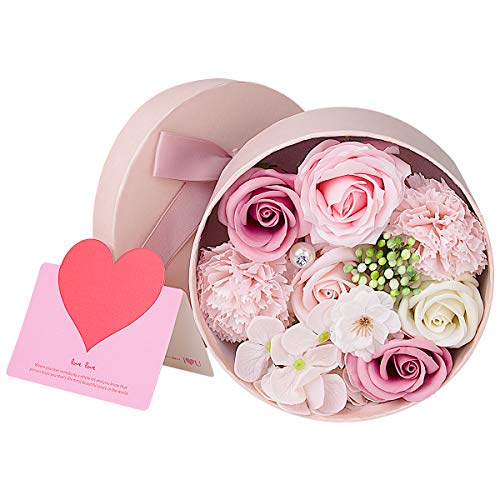 ANBET Artificial Flowers with Pink Round Gift Box Fake Rose Carnation Bouquets Women Gift for Valentine's Day, Mother's Day, Wedding, Home Décor (Pink, 16.5x8cm)