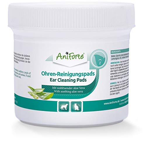 AniForte Ear Cleaning Pads Perros y Gatos (100 Unidades) - toallitas limpiadoras Extra Suaves, toallitas húmedas para la higiene de los oídos, Cuidado Suave de los oídos