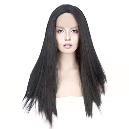 ANMOBANG Peluca De Encaje Frontal Negra Señora Pelo Sintético De Fibra Larga Resistente Al Calor Lacio Adecuado para Vestidos Elegantes, Negro, 22 Pulgadas