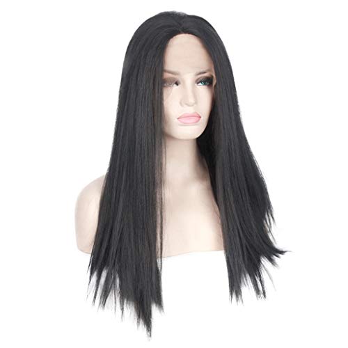 ANMOBANG Peluca De Encaje Frontal Negra Señora Pelo Sintético De Fibra Larga Resistente Al Calor Lacio Adecuado para Vestidos Elegantes, Negro, 22 Pulgadas