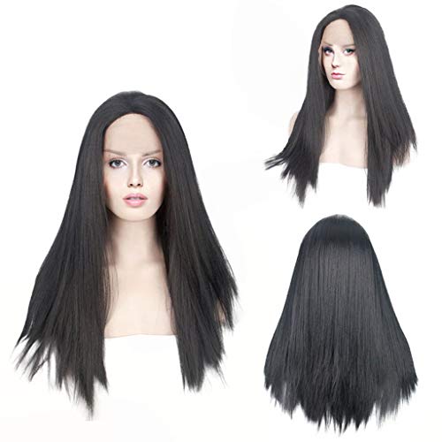 ANMOBANG Peluca De Encaje Frontal Negra Señora Pelo Sintético De Fibra Larga Resistente Al Calor Lacio Adecuado para Vestidos Elegantes, Negro, 22 Pulgadas