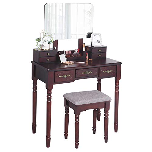 ANWBROAD Tocador Mesa de Maquillaje Belleza Tocador con taburete y espejo de niñas Espejo sin Marco Taburete de Madera de Goma, con 7 cajones, 3 divisores para Dormitorio Vestidor marrón BDT03Z