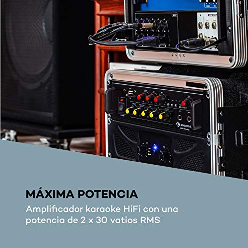 auna Amp EQ BT Amplificador HiFi de Karaoke - 2X 30 W RMS, Bluetooth, USB, Ranura SD, Entrada AUX, Salida de línea, 2 entradas de micrófono, Efecto Eco y retardo, Mando a Distancia