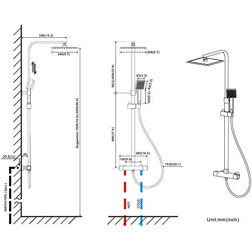 Auralum Columna de Ducha Termostatica Brillante Conjuntos de Ducha Sólido Alcachofa Ducha lluvia y Cuadrado 25 * 25CM Acero Inoxidable