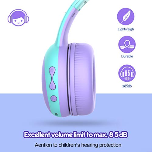 Auriculares Bluetooth para niños, Auriculares Plegable para niños con 85dB Volumen Limitado, Auriculares Ajustable y Plegable con micrófono, niñas y niños, Púrpura New Version