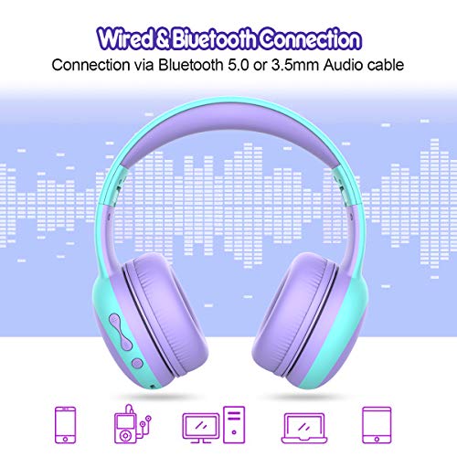 Auriculares Bluetooth para niños, Auriculares Plegable para niños con 85dB Volumen Limitado, Auriculares Ajustable y Plegable con micrófono, niñas y niños, Púrpura New Version