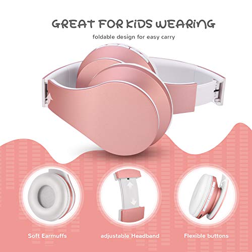 Auriculares Bluetooth para niños, Auriculares Plegable para niños con Volumen Limitado, niñas y niños, Auriculares Ajustable y Plegable con micrófono-Rosa Oro