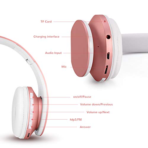 Auriculares Bluetooth para niños, Auriculares Plegable para niños con Volumen Limitado, niñas y niños, Auriculares Ajustable y Plegable con micrófono-Rosa Oro