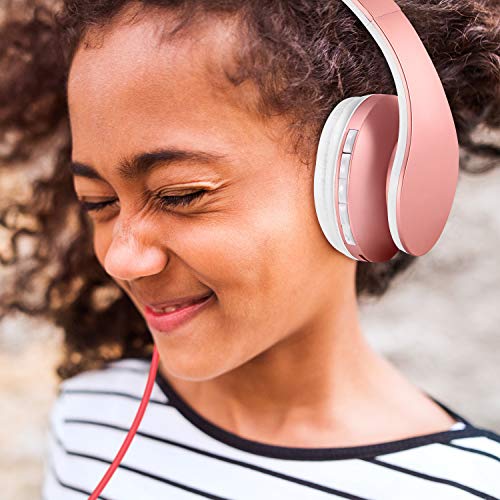 Auriculares Bluetooth para niños, Auriculares Plegable para niños con Volumen Limitado, niñas y niños, Auriculares Ajustable y Plegable con micrófono-Rosa Oro