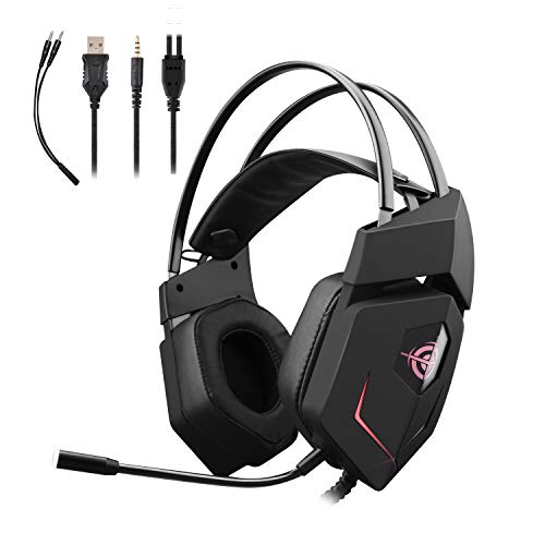 Auriculares Gaming,GAKOV Cascos para Gaming Estéreo Super Bajo Cascos over-ear con Sonido Envolvente,Luz LED y Micrófono que Elimina los Ruidos,Compatible con Xbox One,PS4,PC, PS Vita,Smartphone