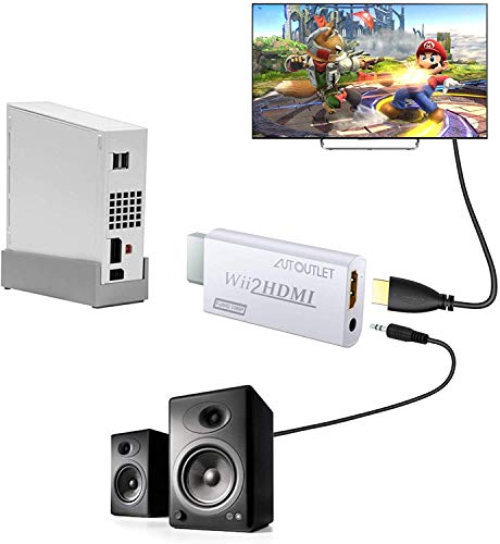 AUTOUTLET Adaptador convertidor de Wii a Hdmi, con cable HDMI de 1M Wii2HDMI La salida de audio y video de 3.5mm soporta 720 / 1080P Todos los modos de visualización de Wii para Nintendo