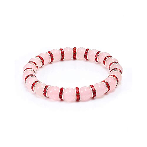 Awertaweyt Pulsera de Cuentas, Natural Stone Pink Crystal Quartz Bracelets & Bangles For Women Men Casual Jewelry Charm Powder Beads Strand Bracelet Love Gifts Silver Red