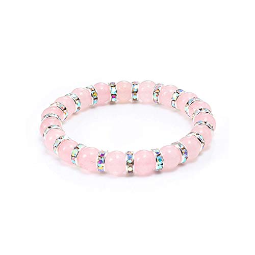 Awertaweyt Pulsera de Cuentas, Natural Stone Pink Crystal Quartz Bracelets & Bangles For Women Men Casual Jewelry Charm Powder Beads Strand Bracelet Love Gifts Silver Red