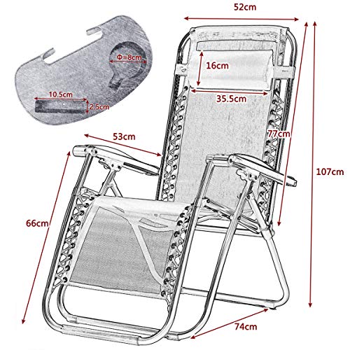 Barreau Piaf Zero Gravity – Juego de 2 sillas para exteriores plegables con soporte para tazas de teléfono, tumbonas reclinables resistentes para el hogar, jardín, patio, terraza, color gris