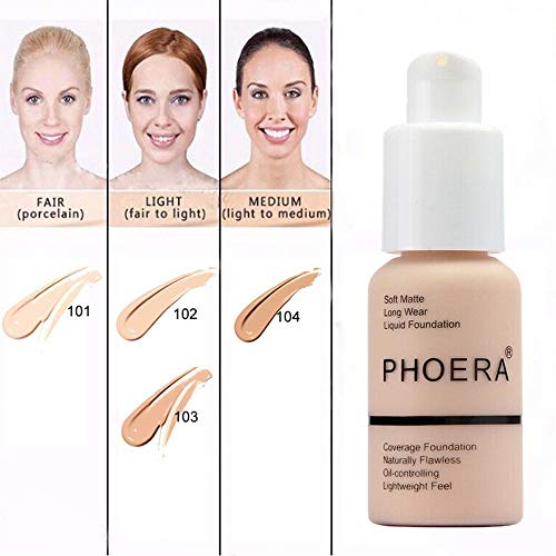 Base Líquida, maquillaje Base de maquillaje Cobertura completa Nuevo 30ml PHOERA 24HR Base de líquido corrector de control de aceite mate (101# Porcelana)