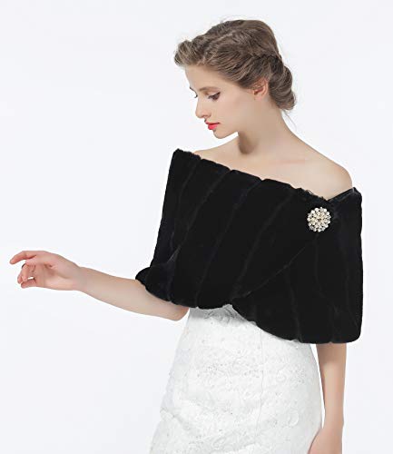 BeAUTELICATE - Chal de piel sintética para mujer, para novia, damas de honor, para invierno, boda, noche, fiesta, broche gratis Negro Negro ( Talla única