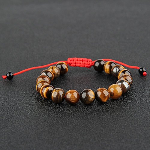 Beauty7 - Pulsera étnica tibetana de 17 cm de longitud (ajustable) con piedras naturales amarillas de ojo de tigre de 10 mm de diámetro y cordón trenzado con nudos chinos