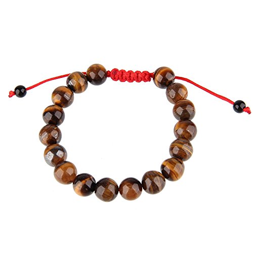 Beauty7 - Pulsera étnica tibetana de 17 cm de longitud (ajustable) con piedras naturales amarillas de ojo de tigre de 10 mm de diámetro y cordón trenzado con nudos chinos