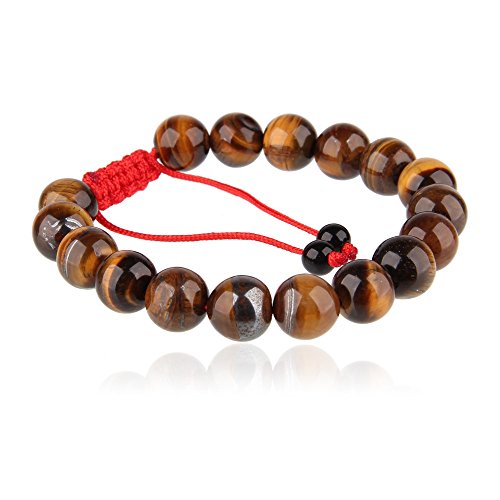 Beauty7 - Pulsera étnica tibetana de 17 cm de longitud (ajustable) con piedras naturales amarillas de ojo de tigre de 10 mm de diámetro y cordón trenzado con nudos chinos