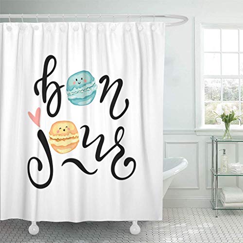 BEITUOLA La Cortina de Ducha más Nueva con Ganchos,Paris Bonjour Slogan Cute Macaroons Graphics for Quote Abstract,Resistente al Agua Lavable Tela de poliéster con 12 Ganchos 180x180cm