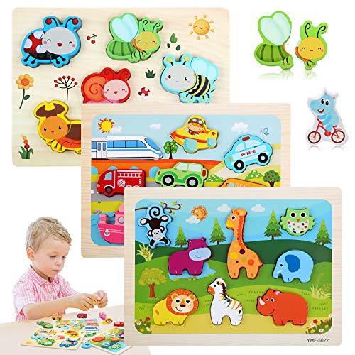 BelleStyle Puzzle Bebe, Puzzles de Madera Educativos para Bebé, Montessori Juguetes, Aprendizaje Temprano Educativo Bloque de Madera Rompecabezas de Juguete Niños 1 Año 2 3 4 5 Regalo - 3 Piezas