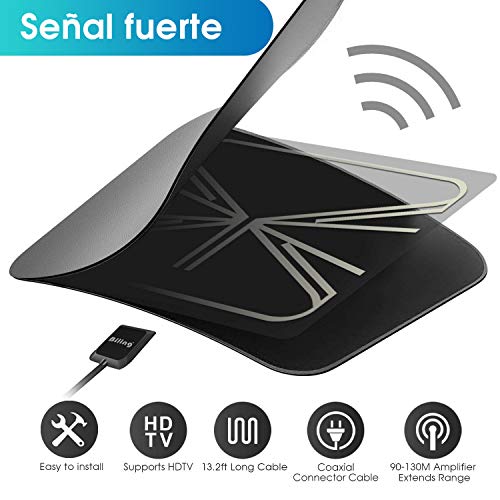 Biling Antena TV Interior- Antena TV portátil HD TV Digital 120 Millas con Amplificador de señal Inteligente para Canales de TV gratuitos Soporte 4K 1080 HD/VHF/UHF, Apto para Todos los Tipos de TV