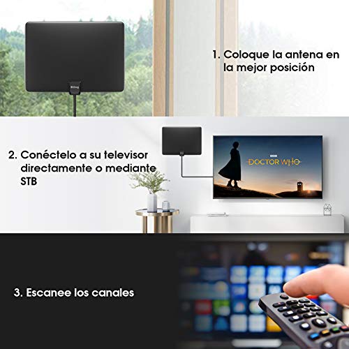 Biling Antena TV Interior- Antena TV portátil HD TV Digital 120 Millas con Amplificador de señal Inteligente para Canales de TV gratuitos Soporte 4K 1080 HD/VHF/UHF, Apto para Todos los Tipos de TV