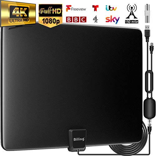 Biling Antena TV Interior- Antena TV portátil HD TV Digital 120 Millas con Amplificador de señal Inteligente para Canales de TV gratuitos Soporte 4K 1080 HD/VHF/UHF, Apto para Todos los Tipos de TV