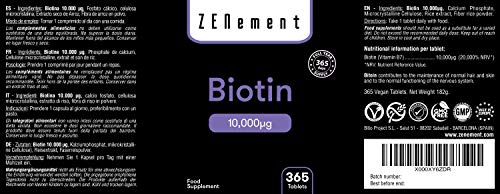 Biotina 10.000 µg, 365 Comprimidos | Para mejorar la salud del cabello, de la piel y de las uñas | Vegano, sin aditivos, sin gluten, No-GMO, GMP | de Zenement