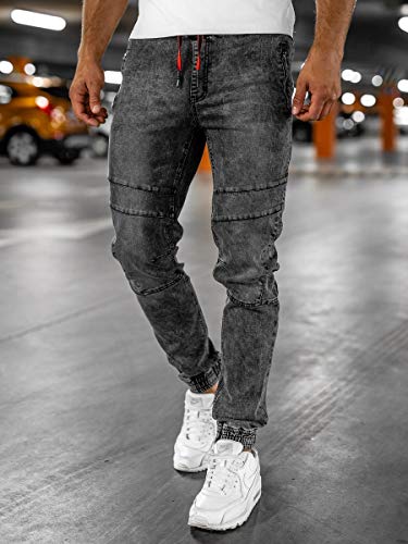 BOLF Hombre Pantalón Vaquero Jogger Denim Jeans Pantalón de Mezclilla Sombreado Vaqueros de Algodón Slim Fit Estilo Urbano Red Fireball HY684 Negro L [6F6]