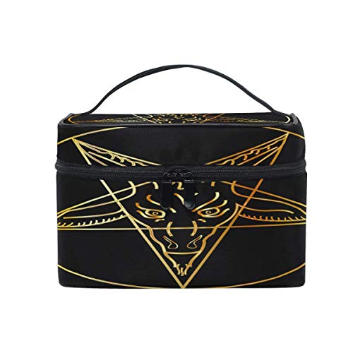 Bolsa de maquillaje Baphomet Demon Goat Head Tattoo Art Golden Golden Cosmetic Bag Travel Toiletry Bag Cosmetic Train Case Estuche de maquillaje Maquillaje Organizador Caja de almacenamiento