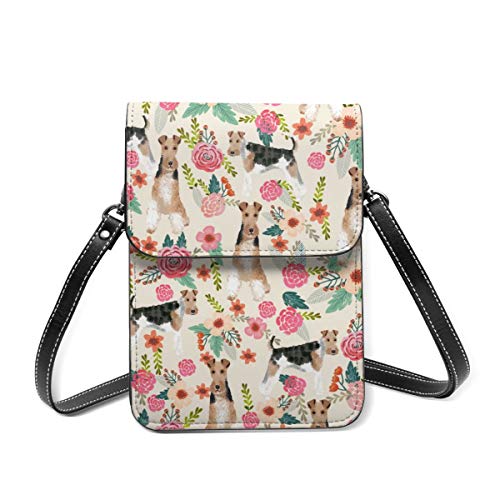 Bolso cruzado pequeño para mujer, de alambre Fox Terrier, floral, bonito, floral, color crema, para teléfono celular, cartera multiusos, de piel sintética suave