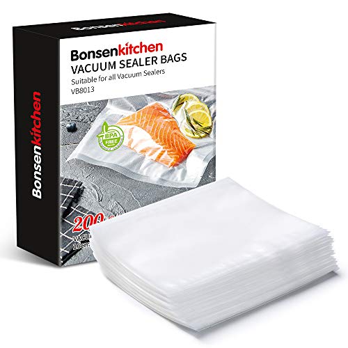 Bonsenkitchen Bolsas de Vacio para Alimentos, 16x23cm 200 Bolsas Tamaño Estándar para Envasadora al Vacío - Bolsa de Vacío Gofradas para Conservación y Cocción Sous Vide, Boilable y sin BPA -VB8013