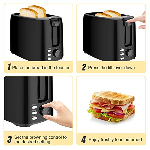 Bonsenkitchen Tostadoras Pan de 2 Rebanadas con 7 Niveles de Tostador y Bandeja para Migas, 750 W, Tostadora de Pan Automática con Función de Descongelar y Calentamiento,Negro TA8901