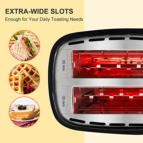 Bonsenkitchen Tostadoras Pan de 2 Rebanadas con 7 Niveles de Tostador y Bandeja para Migas, 750 W, Tostadora de Pan Automática con Función de Descongelar y Calentamiento,Negro TA8901