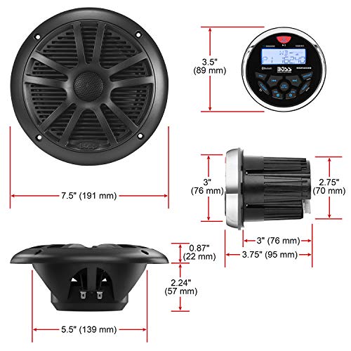 BOSS Audio MCKGB350B.6 Marine Package Includes MGR350B In-Dash Gauge Am/FM Digital Media Receiver with Bluetooth, One Pair of 6.5 Inch MR6B Marine Speakers, MRANT10 Marine Antenna