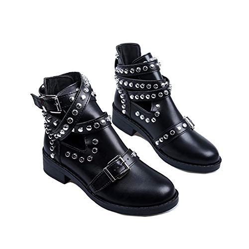 Bota Negra de Tobillo con Hebilla de Cinturón de Moda para Mujer TOPKEAL Botines con Remaches Estilo Punk para Jovencita