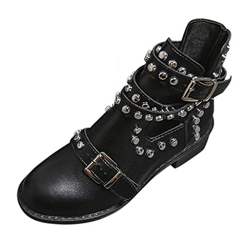 Bota Negra de Tobillo con Hebilla de Cinturón de Moda para Mujer TOPKEAL Botines con Remaches Estilo Punk para Jovencita