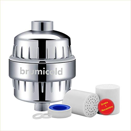 BRUMICOLD SPAIN Filtro ducha F-01 15 etapas reduce cloro, flúor, ablanda el agua, elimina metales pesados, irritantes perjudiciales para la piel y ojos y un recambio gratis, ideal para pieles atopicas