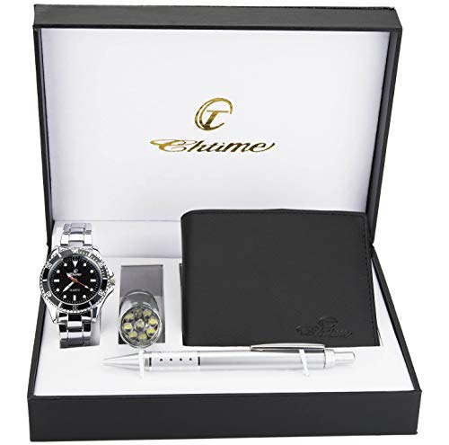 Caja de Regalo Reloj Hombre Negro - Lámpara LED - Billetera -Bolígrafo