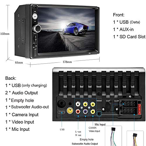 CAMECHO Bluetooth Car Estéreo 2 DIN 7 '' Pantalla táctil Reproductor MP5 Radio FM iOS/Android Teléfono Enlace de Espejo con Puerto AUX/Dual USB/SD + Control del Volante