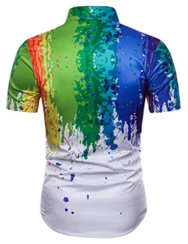 Camisa de Hombre Moda Juvenil Moda Clásica Tinta de Salpicadura Pintura Color Camisa de Manga Corta Camisa Sencilla Salvaje,White,M